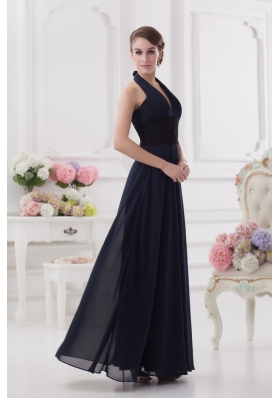 Navy Blue Halter top Long Prom Dress with Ruching and Lace