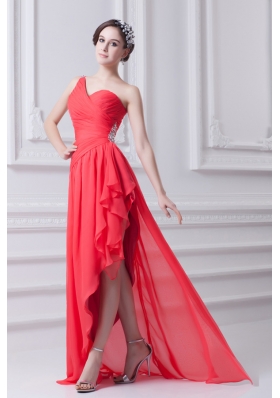 One Shoulder Asymmetrical Prom Dress with Ruching and Beading