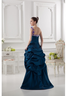 One Shoulder Sweetheart Pick-ups Beading Navy Blue Prom Dress