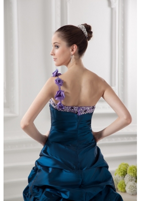 One Shoulder Sweetheart Pick-ups Beading Navy Blue Prom Dress