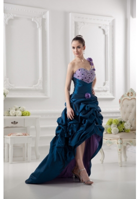 One Shoulder Sweetheart Pick-ups Beading Navy Blue Prom Dress