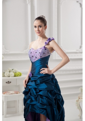 One Shoulder Sweetheart Pick-ups Beading Navy Blue Prom Dress