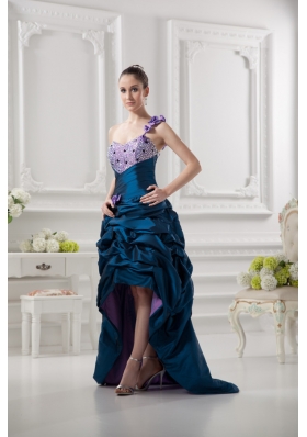 One Shoulder Sweetheart Pick-ups Beading Navy Blue Prom Dress