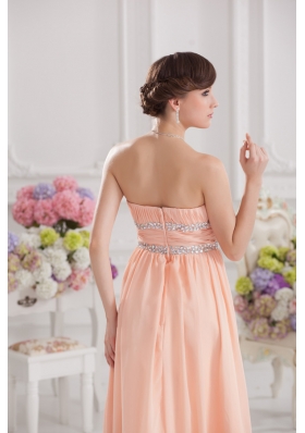 Peach Empire Strapless Prom Dress with Ruching and Beading