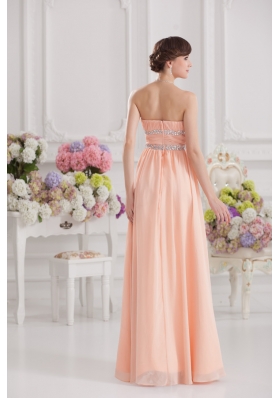 Peach Empire Strapless Prom Dress with Ruching and Beading