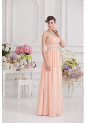 Peach Empire Strapless Prom Dress with Ruching and Beading