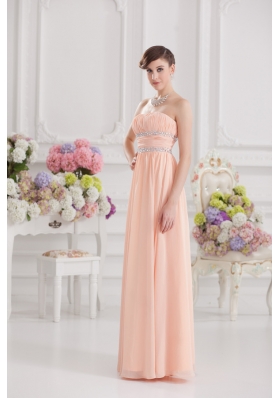 Peach Empire Strapless Prom Dress with Ruching and Beading