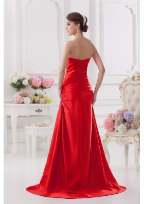 Red Column Strapless Prom Dress with Ruching and Beading