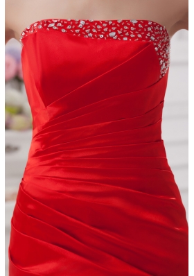 Red Column Strapless Prom Dress with Ruching and Beading