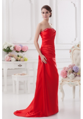 Red Column Strapless Prom Dress with Ruching and Beading