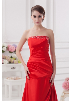 Red Column Strapless Prom Dress with Ruching and Beading