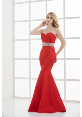 Red Mermaid Sweetheart Sleeveless Beading and Ruching Prom Dress