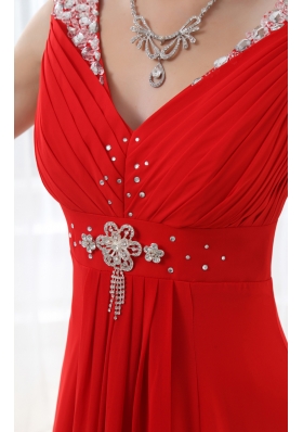 Red V-neck Beading and Ruching Floor-length Chiffon Prom Dress