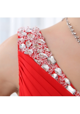 Red V-neck Beading and Ruching Floor-length Chiffon Prom Dress