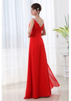 Red V-neck Beading and Ruching Floor-length Chiffon Prom Dress