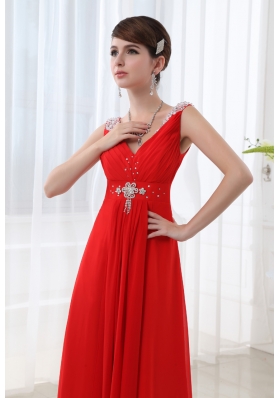 Red V-neck Beading and Ruching Floor-length Chiffon Prom Dress