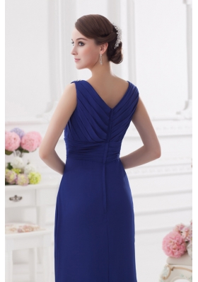 Ruching and Beading V-neck Column Dark Blue Prom Dress