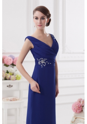 Ruching and Beading V-neck Column Dark Blue Prom Dress