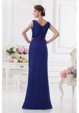 Ruching and Beading V-neck Column Dark Blue Prom Dress