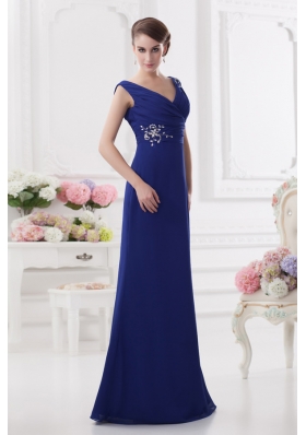 Ruching and Beading V-neck Column Dark Blue Prom Dress