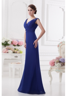 Ruching and Beading V-neck Column Dark Blue Prom Dress