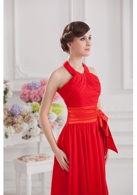 Ruching and Bowknot Halter Top Empire Prom Dress in Red