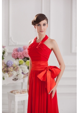 Ruching and Bowknot Halter Top Empire Prom Dress in Red