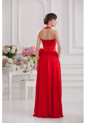 Ruching and Bowknot Halter Top Empire Prom Dress in Red