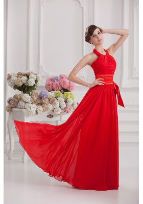 Ruching and Bowknot Halter Top Empire Prom Dress in Red