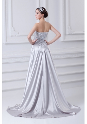 Silver A-line Sweetheart Taffeta Beading Brush Train Prom Dress