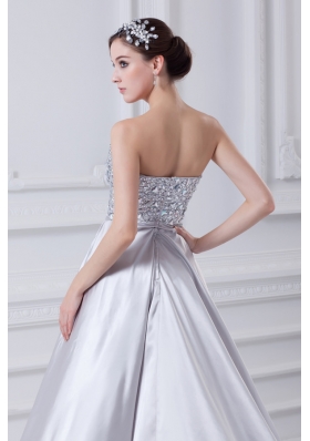 Silver A-line Sweetheart Taffeta Beading Brush Train Prom Dress