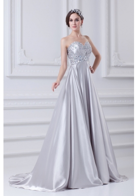 Silver A-line Sweetheart Taffeta Beading Brush Train Prom Dress