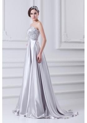 Silver A-line Sweetheart Taffeta Beading Brush Train Prom Dress