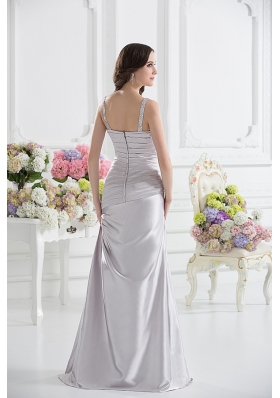 Silver Column V-neck Satin Prom Dress with Ruching and Beading