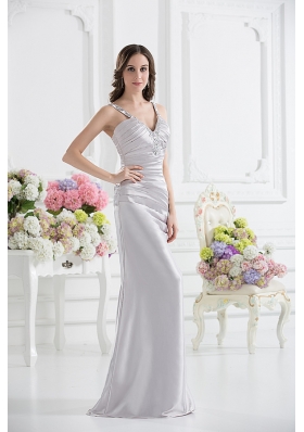 Silver Column V-neck Satin Prom Dress with Ruching and Beading