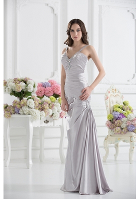 Silver Column V-neck Satin Prom Dress with Ruching and Beading