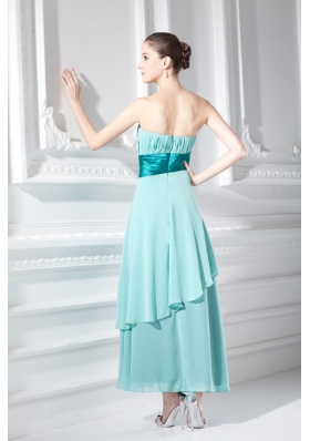 Strapless Ankel-length Empire Turquoise Hand-made Flower Prom Dress