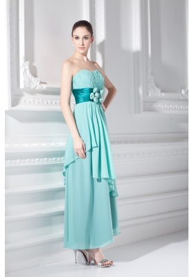 Strapless Ankel-length Empire Turquoise Hand-made Flower Prom Dress