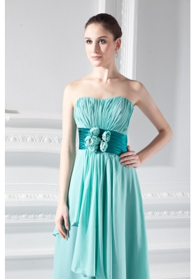 Strapless Ankel-length Empire Turquoise Hand-made Flower Prom Dress