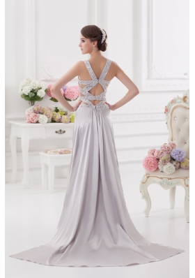 Straps High Slit Criss Cross Watteau Train Prom Dress in Light Grey