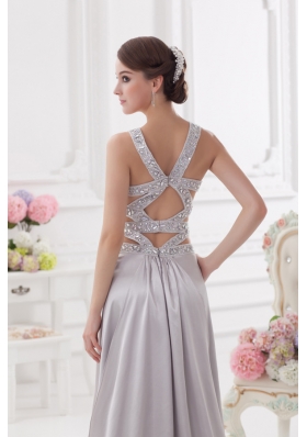 Straps High Slit Criss Cross Watteau Train Prom Dress in Light Grey