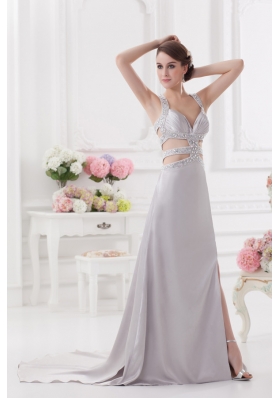 Straps High Slit Criss Cross Watteau Train Prom Dress in Light Grey