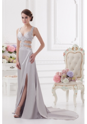 Straps High Slit Criss Cross Watteau Train Prom Dress in Light Grey