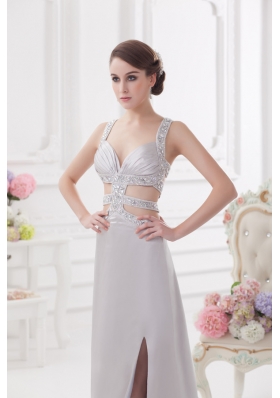 Straps High Slit Criss Cross Watteau Train Prom Dress in Light Grey