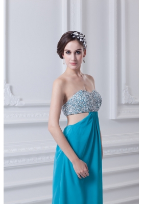 Sweetheart Deep Sky Blue Chiffon Prom Dress with Beading