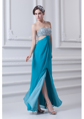 Sweetheart Deep Sky Blue Chiffon Prom Dress with Beading