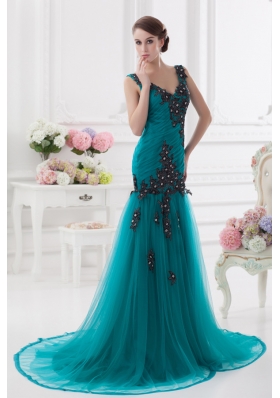 Turquoise Column Court Train Tulle Prom Dress with Ruching and Appliques