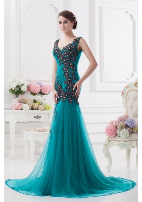 Turquoise Column Court Train Tulle Prom Dress with Ruching and Appliques