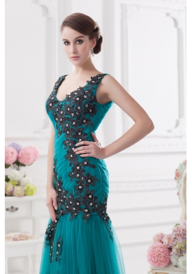 Turquoise Column Court Train Tulle Prom Dress with Ruching and Appliques