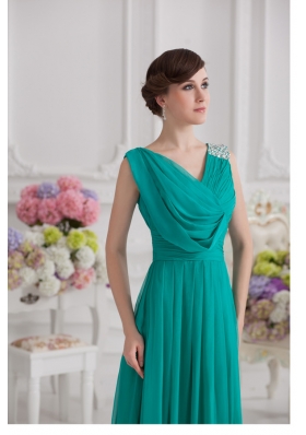 V-neck Empire Turquoise Chiffon Prom Dress with Ruching and Beading